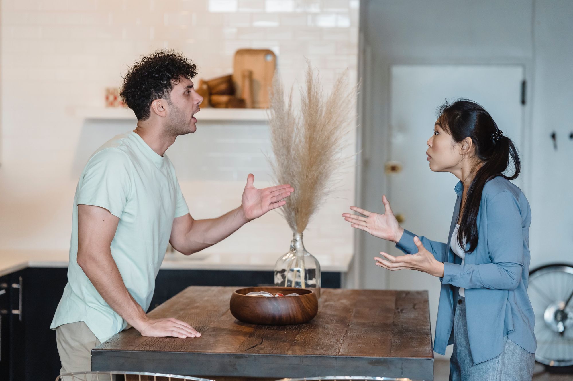 A light skinned person arguing with a medium skinned person.